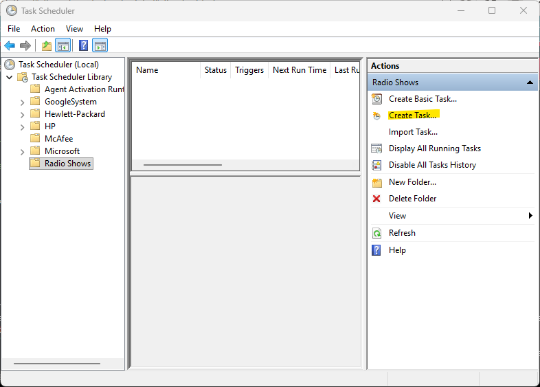 Task Scheduler main screen. Create Task action is highlighted.